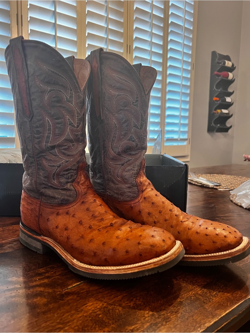 Lucchese Brown Ostrich Foot & Dark Brown Embroidered Shaft Boots—Size 14D